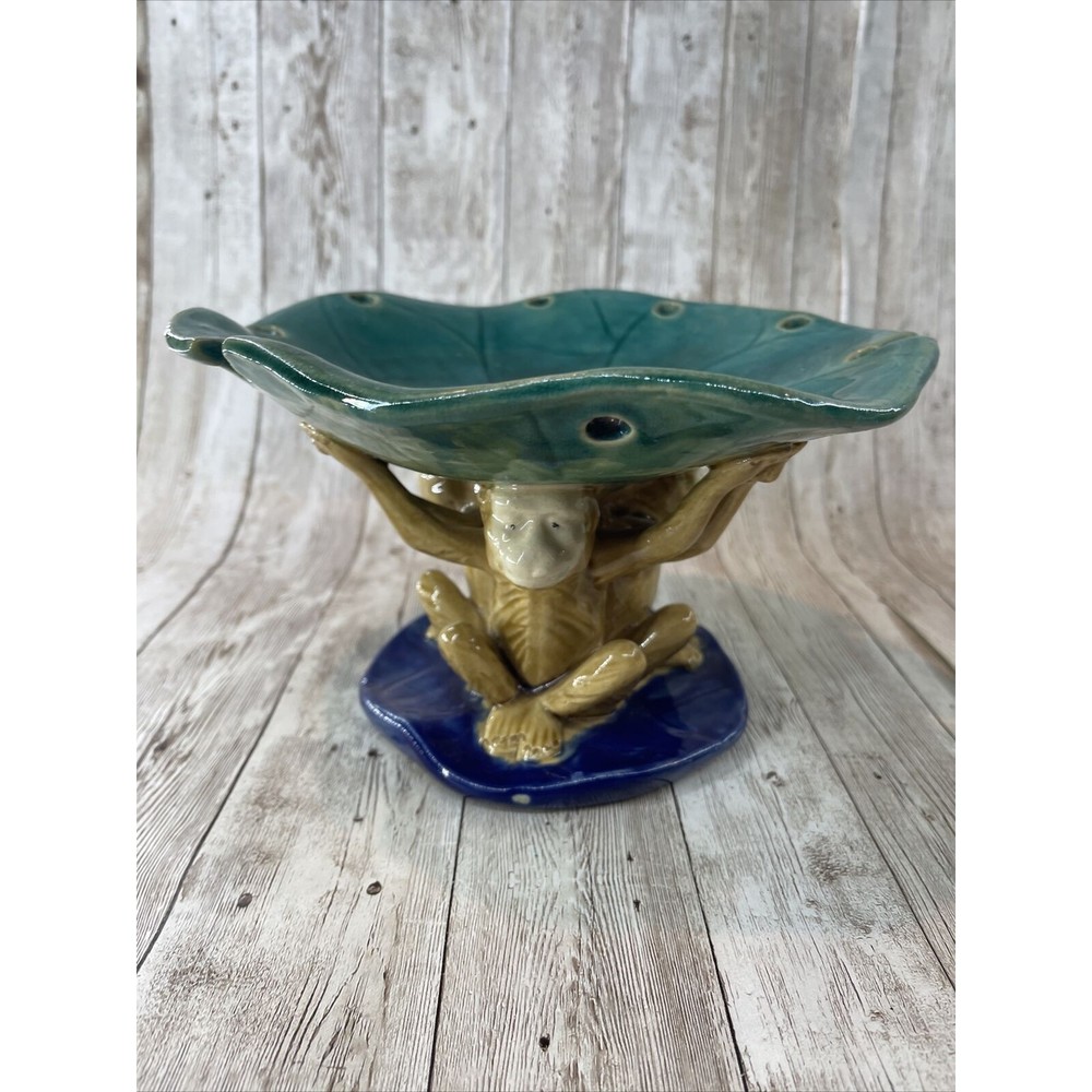 Majolica 3 Monkeys Holding Bowl Dish Centerpiece Large Great Condition